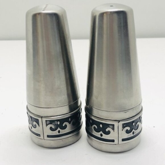 Vintage Salt And Pepper Shaker Set Stainless Steel Deluxe Black Wave Inlay Japan - Picture 4 of 12